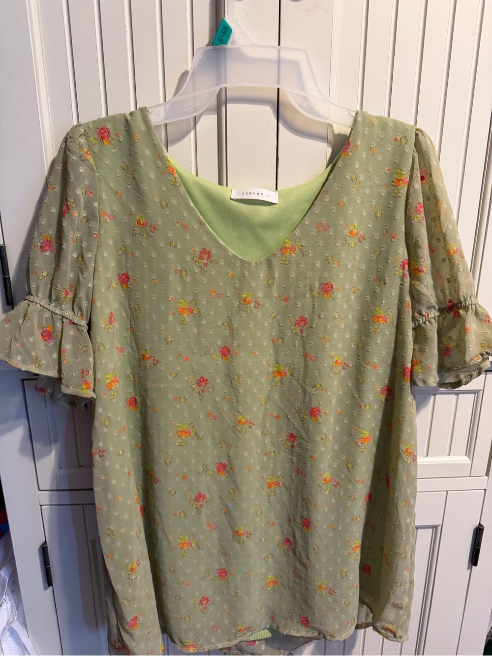 Reborn Light Green Floral V-Neck Top with Pink and Yellow Accents